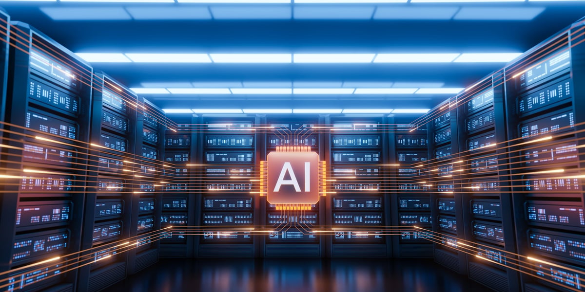 Futuristic AI server room with glowing data flow